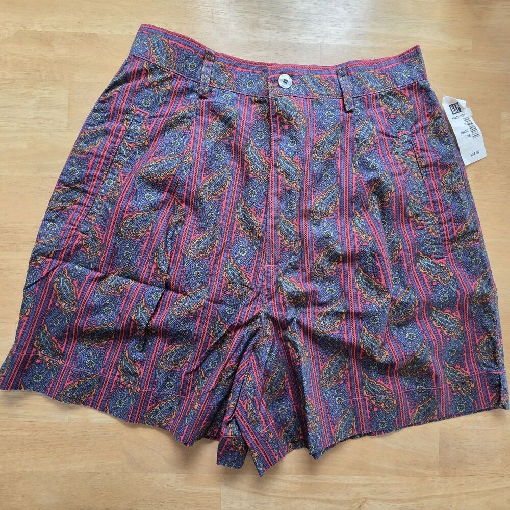 Vintage 80s 90s Gap Pink Floral Paisley Striped Cotton Shorts - Women's Sz 8 NWT